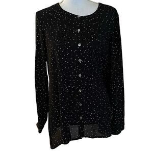 J Jill Size S Button Front Black White Confetti Print Blouse Long Sleeved